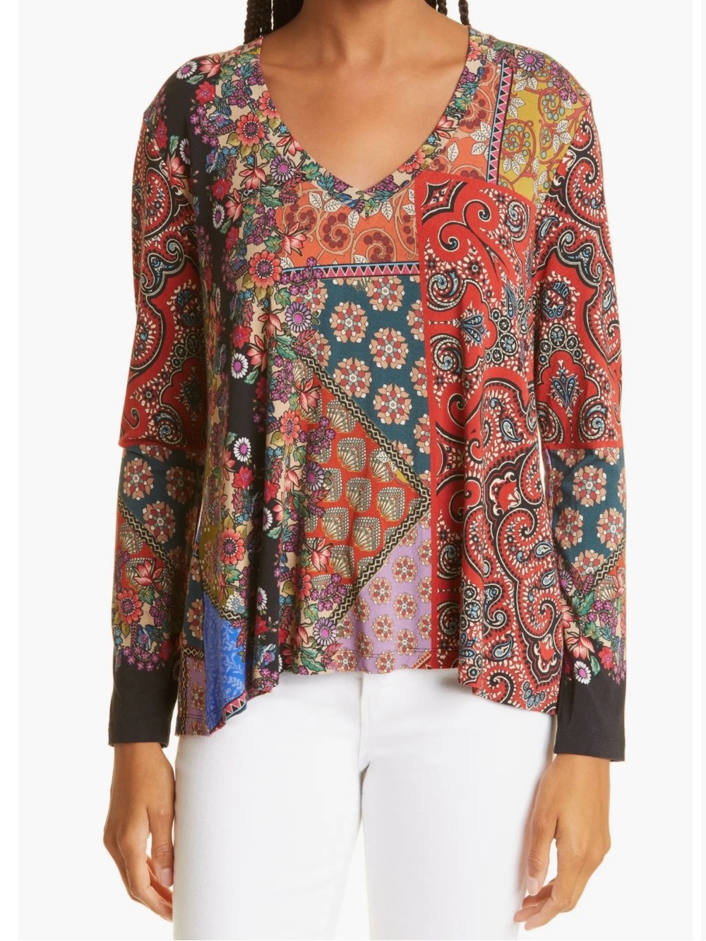 Johnny Was Favorite Tee Moa Boho Patchwork print V-Neck Top Sz M